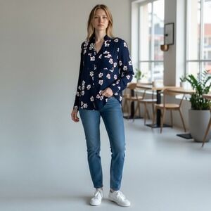 EXPRESS Portofino Floral Blouse Shirt Sz  XS Long Sleeve Button Office Work Job